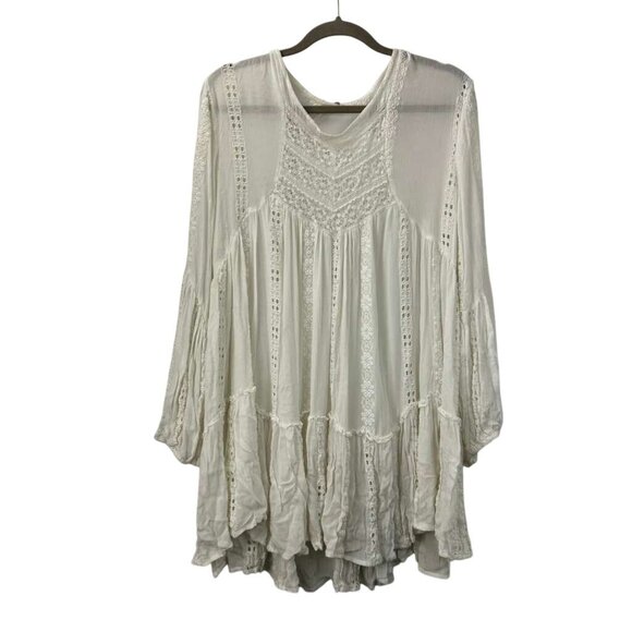 Free People Women's L Long Sleeves Embroidery White Lace Kiss Kiss Tunic Boho - Picture 11 of 16